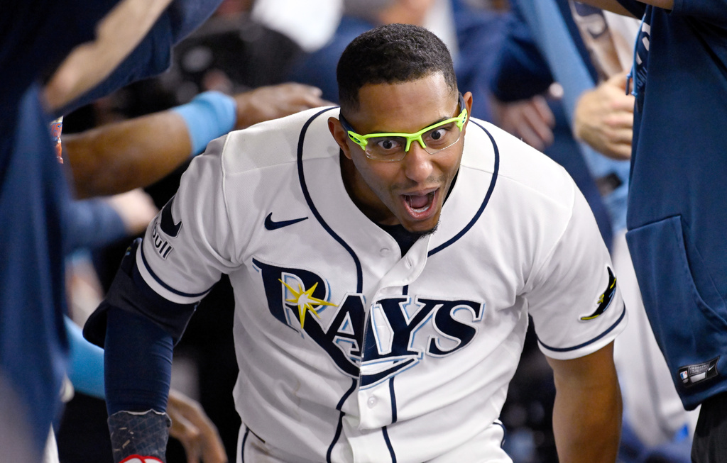 Tampa Bay Rays' Richie Palacios celebrates after his home run during the fourth inning of a baseball game against the Seattle Mariners, Friday, July 10, 2026, in St. Petersburg, Fla. (AP Photo/Jason Behnken)