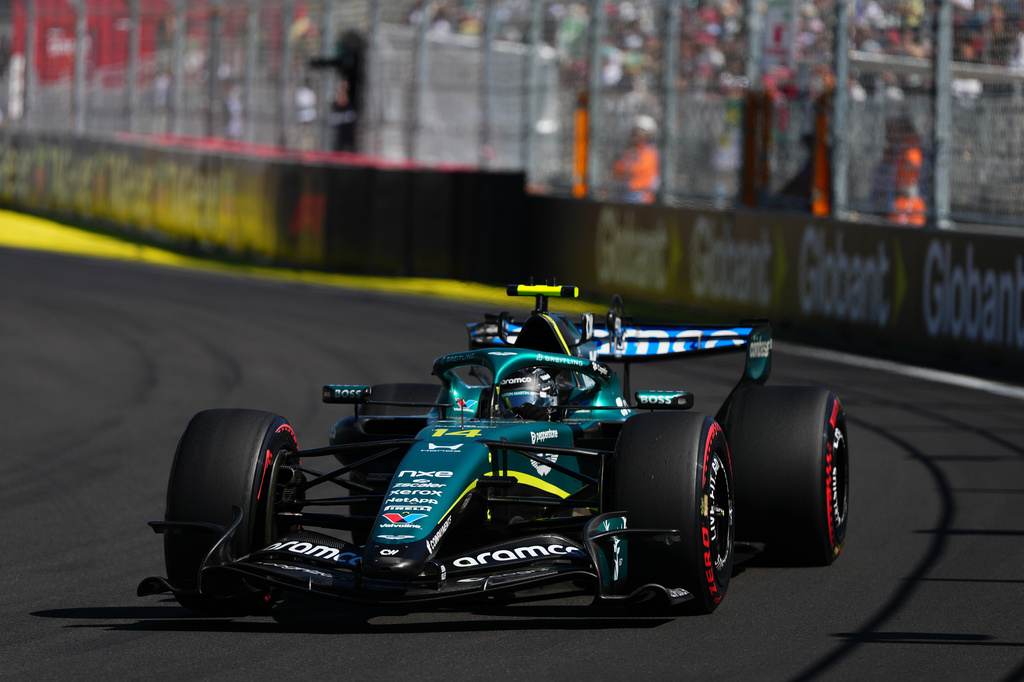 Aston Martin driver Fernando Alonso of Spain steers his car during the Spanish Formula One Grand Prix race in Madrid, Sunday, Sept. 13, 2026. (AP Photo/Manu Fernandez)