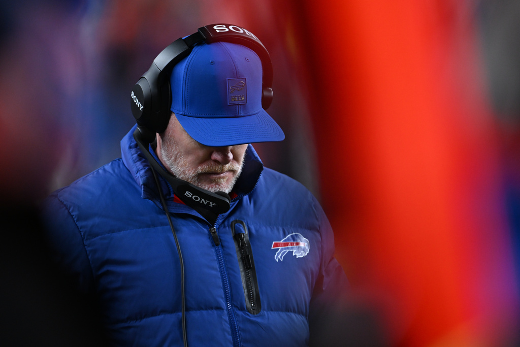 Buffalo Bills head coach Sean McDermott reacts during the second half of an NFL divisional round playoff football game against the Denver Broncos, Saturday, Jan. 17, 2026, in Denver. (AP Photo/RJ Sangosti)