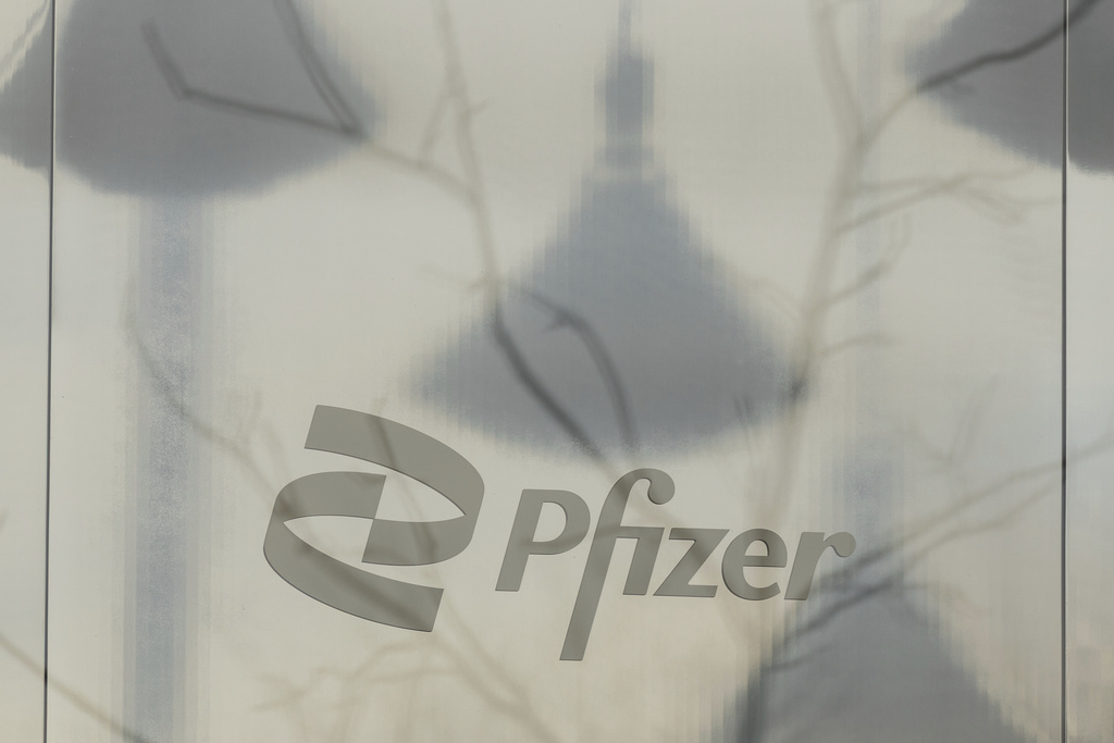 FILE - Pfizer signage is displayed at the Pfizer NYC Headquarters, Thursday, April 10, 2025, in New York. (AP Photo/Yuki Iwamura, File)