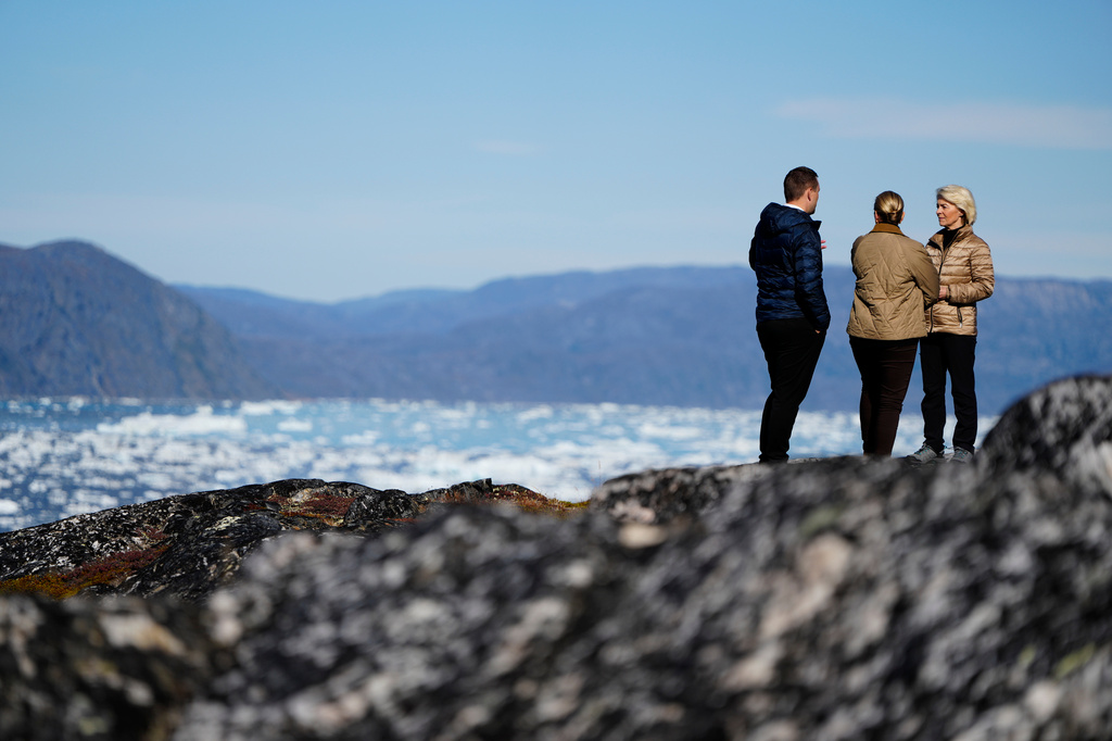 Denmark's Prime Minister Mette Frederiksen, Greenland's government leader Jens-Frederik Nielsen, and President of the European Commission Ursula von der Leyen visit Qoornoq, Greenland on Sunday, Sept. 6, 2026. (Mads Claus Rasmussen/Ritzau Scanpix via AP)