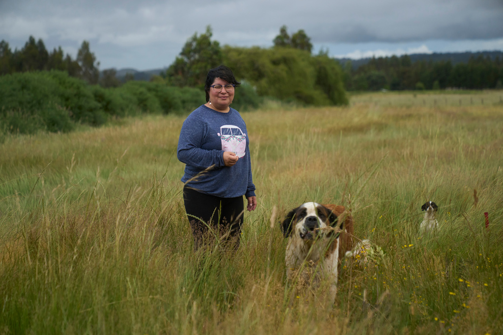 Karen Rivas, a Mapuche political scientist, poses outside of her home in Pedro Cayuqueo, Chile, Friday, Dec. 12, 2025. (AP Photo/Victor R. Caivano)