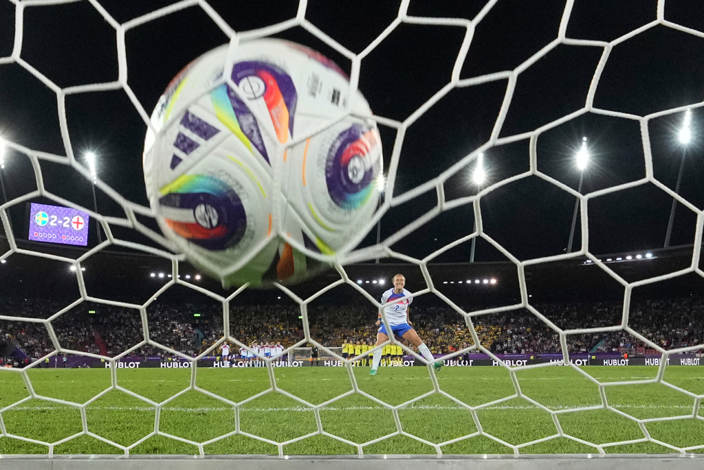 England's Lucy Bronze celebrates after scoring a penalty during a shootout at the end of the Women's Euro 2025 quarterfinal soccer match between Sweden and England at Stadion Letzigrund in Zurich, Switzerland, July 17, 2025. (AP Photo/Martin Meissner, File)