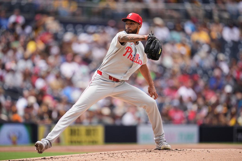 Philadelphia Phillies starting pitcher Cristopher Sánchez works against a San Diego Padres batter during the second inning of a baseball game Wednesday, May 27, 2026, in San Diego. (AP Photo/Gregory Bull)