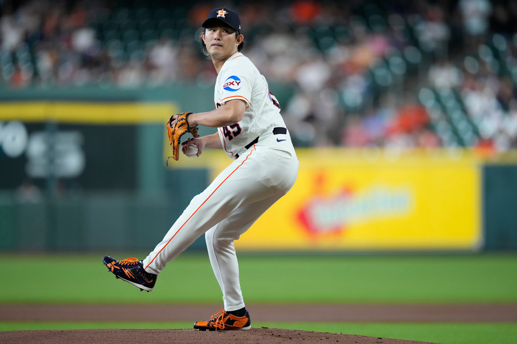 Houston Astros pitcher Tatsuya Imai delivers during the first inning of a baseball game against the Miami Marlins, Tuesday, July 21, 2026, in Houston. (AP Photo/Kevin M. Cox)