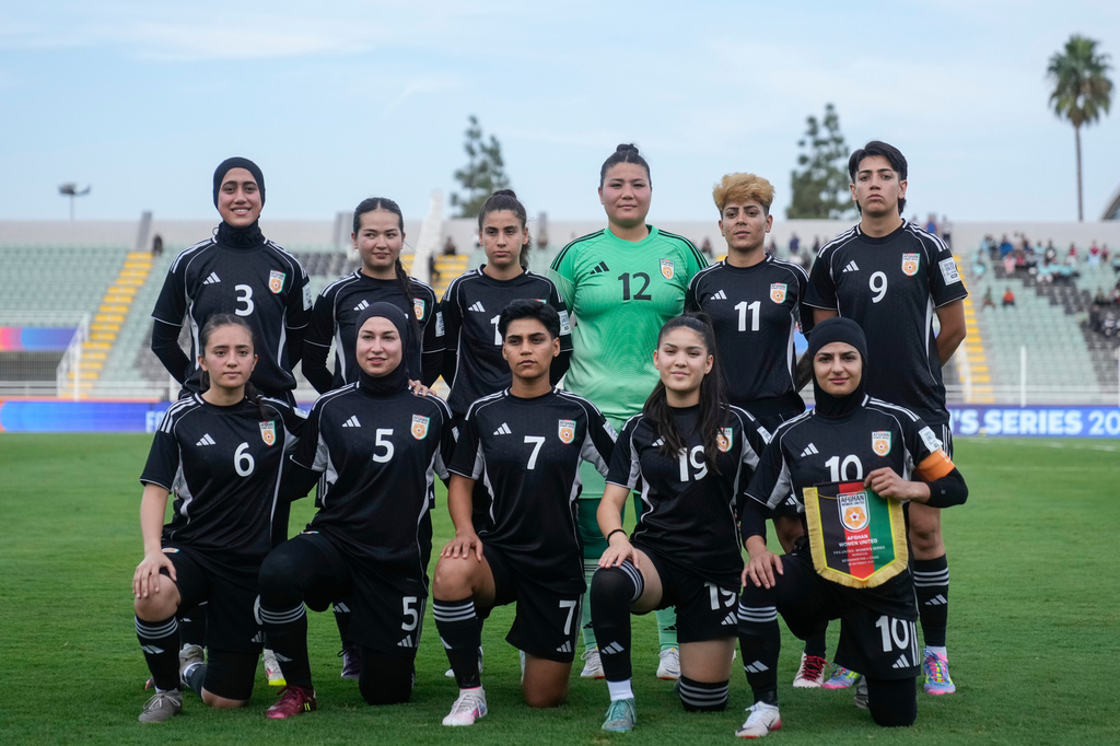 FILE - Members of Afghan Women United soccer team pose for a team photo before their match against Chad, Sunday, Oct. 26, 2025, in Casablanca, Morocco, in their first international tournament since fleeing their country. (AP Photo/Mosa'ab Elshamy, File)