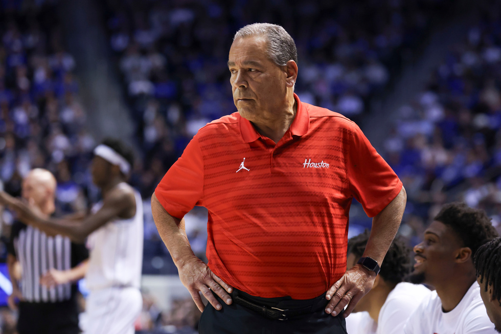 Houston head coach Kelvin Sampson looks on during the first half of an NCAA college basketball game against BYU, Saturday, Feb. 7, 2026, in Provo, Utah. (AP Photo/Rob Gray)
