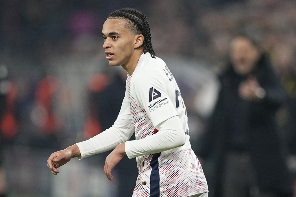 FILE - Lille's Ethan Mbappe during the Champions League round of 16 first leg soccer, between Borussia Dortmund and Lille at the Signa-Iduna Park in Dortmund, Germany, Tuesday, March 4, 2025. (AP Photo/Martin Meissner, File)