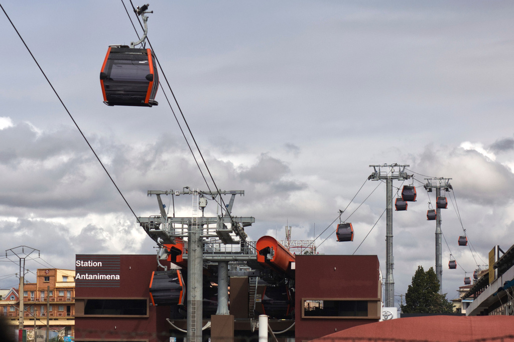Cable cars operate during testing in Antananarivo, Madagascar, Friday, June 27, 2025. (AP Photo/Alexander Joe)