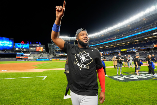 Toronto Blue Jays first baseman Vladimir Guerrero Jr. celebrates after the Blue Jays beat the New York Yankees in Game 4 of baseball's American League Division Series, Wednesday, Oct. 8, 2025, in New York. (AP Photo/Yuki Iwamura) Toronto Blue Jays first baseman Vladimir Guerrero Jr. celebrates after the Blue Jays beat the New York Yankees in Game 4 of baseball's American League Division Series, Wednesday, Oct. 8, 2025, in New York. (AP Photo/Yuki Iwamura)