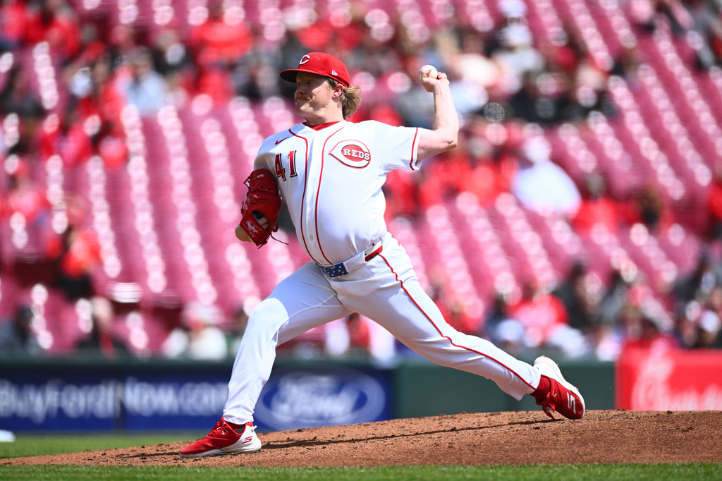 Cincinnati Reds pitcher Andrew Abbott throws during the second inning of a baseball game against the Colorado Rockies in Cincinnati, Thursday, April 30, 2026. (AP Photo/Ben Jackson)