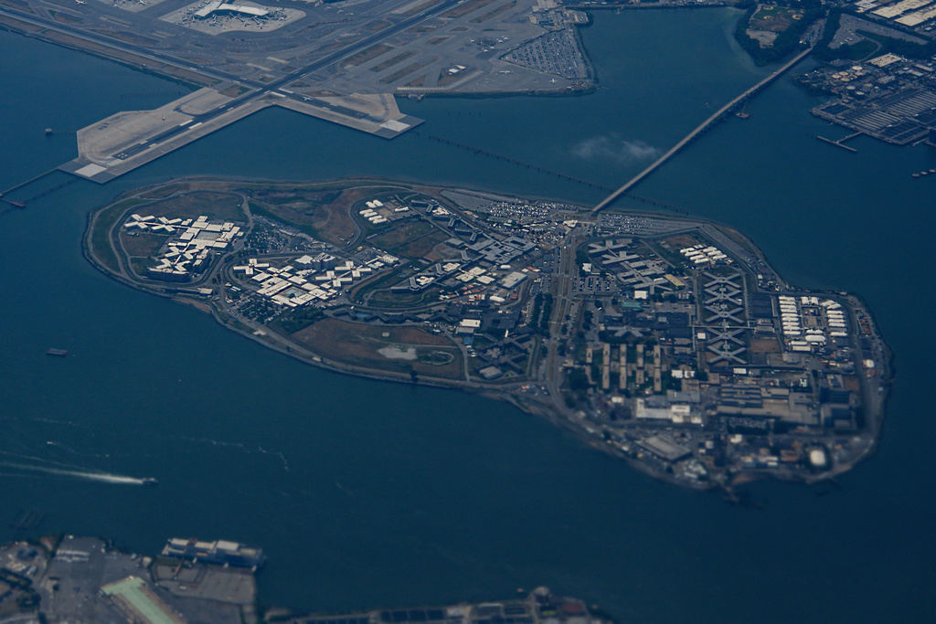 FILE - An aerial view of the Rikers Island jail complex, July 10, 2024, in the Bronx borough of New York. (AP Photo/Julia Nikhinson, File)