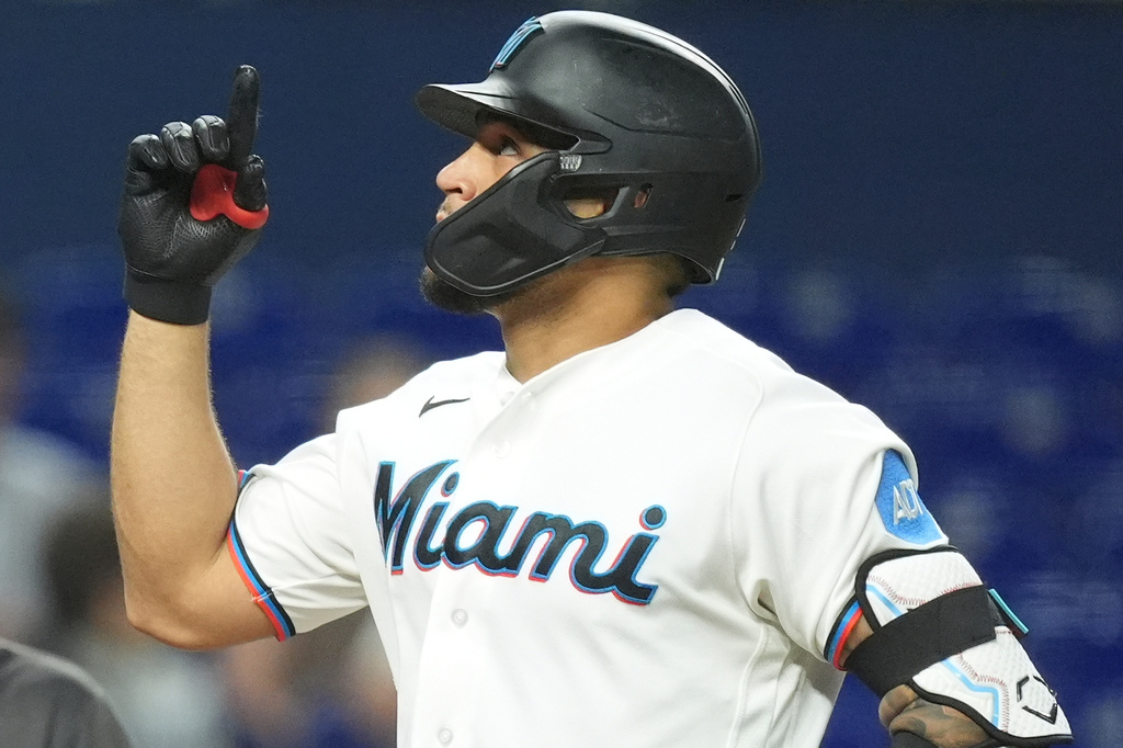 Miami Marlins Agustin Ramirez celebrates as he runs the bases after hitting a home run during the fifth inning of a baseball game against the St. Louis Cardinals, Monday, April 20, 2026, in Miami. (AP Photo/Rebecca Blackwell)