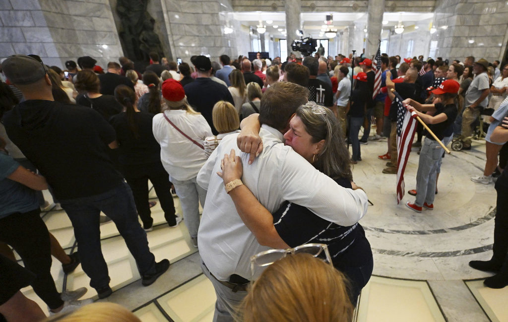 Members of the community gather at the Capitol in Salt Lake City to honor Charlie Kirk after he was shot at an event at Utah Valley University and later died at a local hospital, on Wednesday, Sept. 10, 2025. (Scott G Winterton/The Deseret News via AP)
