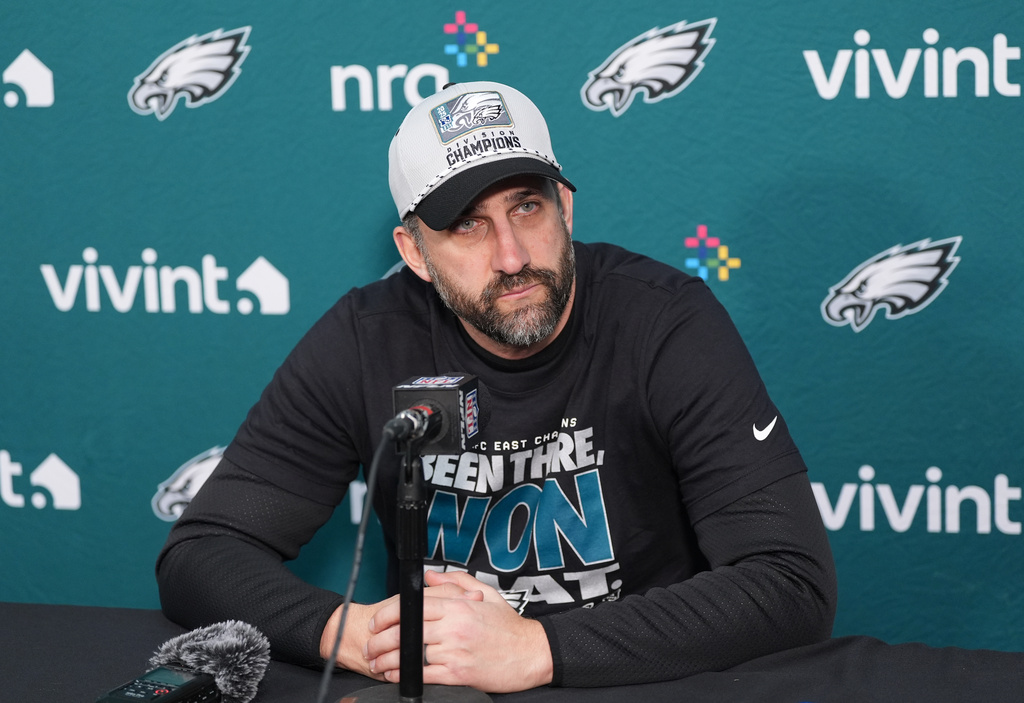Philadelphia Eagles head coach Nick Sirianni talks to the media during a news conference following an NFL football game against the Washington Commanders, Saturday, Dec. 20, 2025, in Landover, Md. (AP Photo/Stephanie Scarbrough)