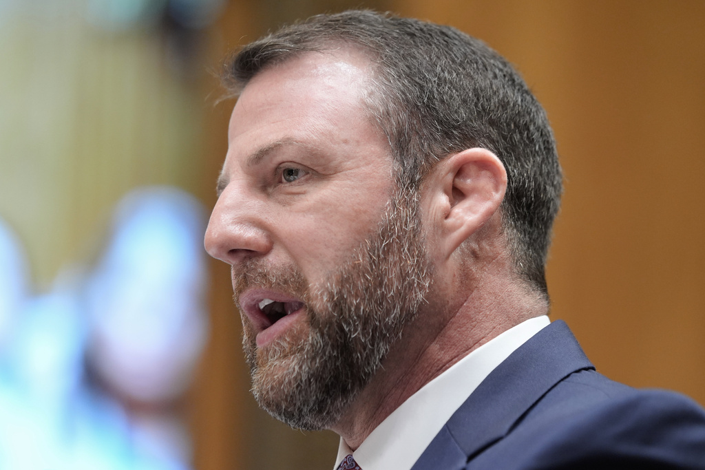 Sen. Markwayne Mullin, R-Okla., the White House pick for homeland security secretary, testifies during Senate Committee on Homeland Security and Governmental Affairs hearing, Wednesday, March 18, 2026 on Capitol Hill in Washington. (AP Photo/Mariam Zuhaib)