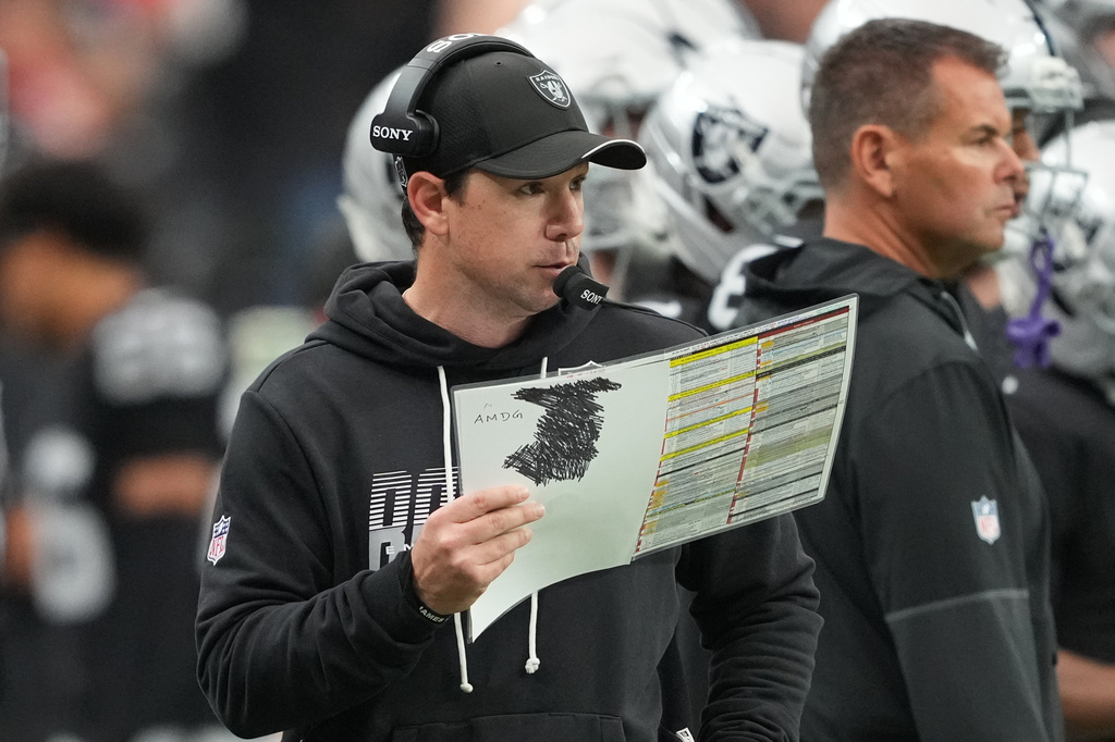 Las Vegas Raiders head coach Klint Kubiak watches from the sideline during the first half of an NFL football game against the Kansas City Chiefs in Las Vegas, Sunday, Oct. 4, 2026. (AP Photo/Rick Scuteri)