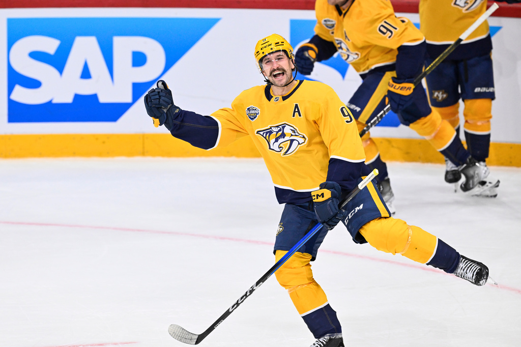 Nashville's Filip Forsberg celebrates after scoring during the NHL Global Series hockey game against the Pittsburgh Penguins, Friday, Nov. 14, 2025, in Stockholm, Sweden. (Henrik Montgomery/TT News Agency via AP)