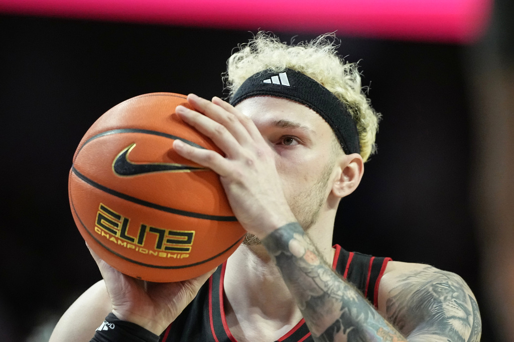 Louisville forward Kasean Pryor (7) prepares to shoot a free throw during the second half of an NCAA college basketball game against Wake Forest, Saturday, Feb. 7, 2026, in Winston-Salem, N.C. (AP Photo/Matt Kelley)