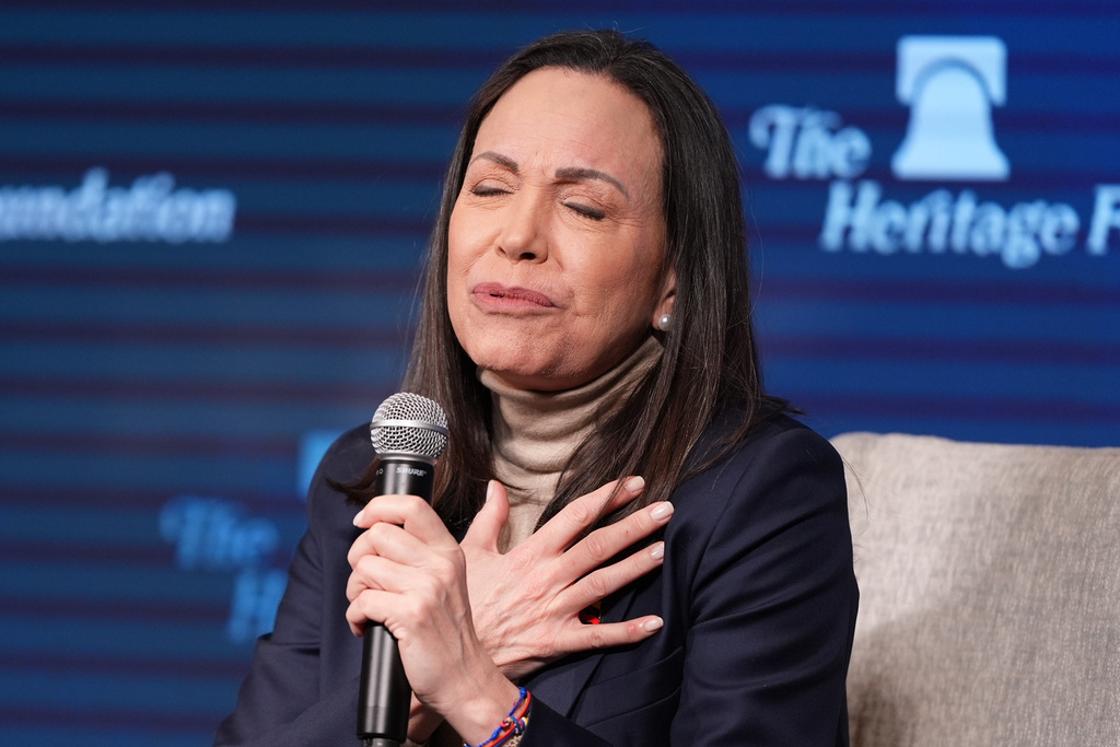Venezuelan opposition leader Maria Corina Machado speaks at the Heritage Foundation, an influential conservative think tank, a day after meeting with President Donald Trump and members of Congress, on Capitol Hill in Washington, Friday, Jan. 16, 2026. (AP Photo/J. Scott Applewhite)