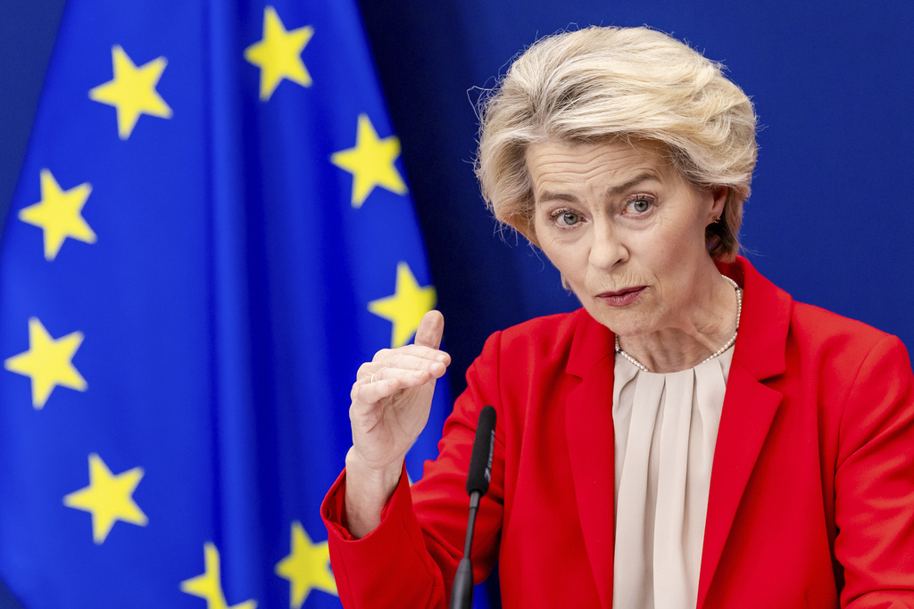 FILE - European Commission President Ursula von der Leyen addresses the media at EU headquarters in Brussels, Tuesday, June 10, 2025. (AP Photo/Geert Vanden Wijngaert, File)