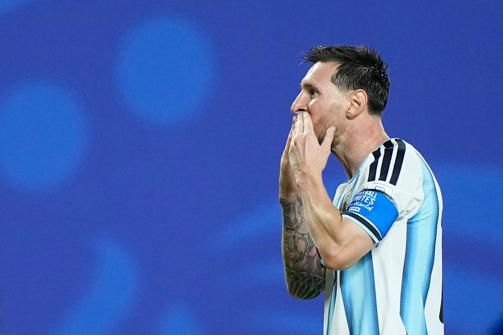 Argentina's Lionel Messi reacts after scoring his third goal during the World Cup Group J soccer match between Argentina and Algeria in Kansas City, Mo., Tuesday, June 16, 2026. (AP Photo/Charlie Riedel)