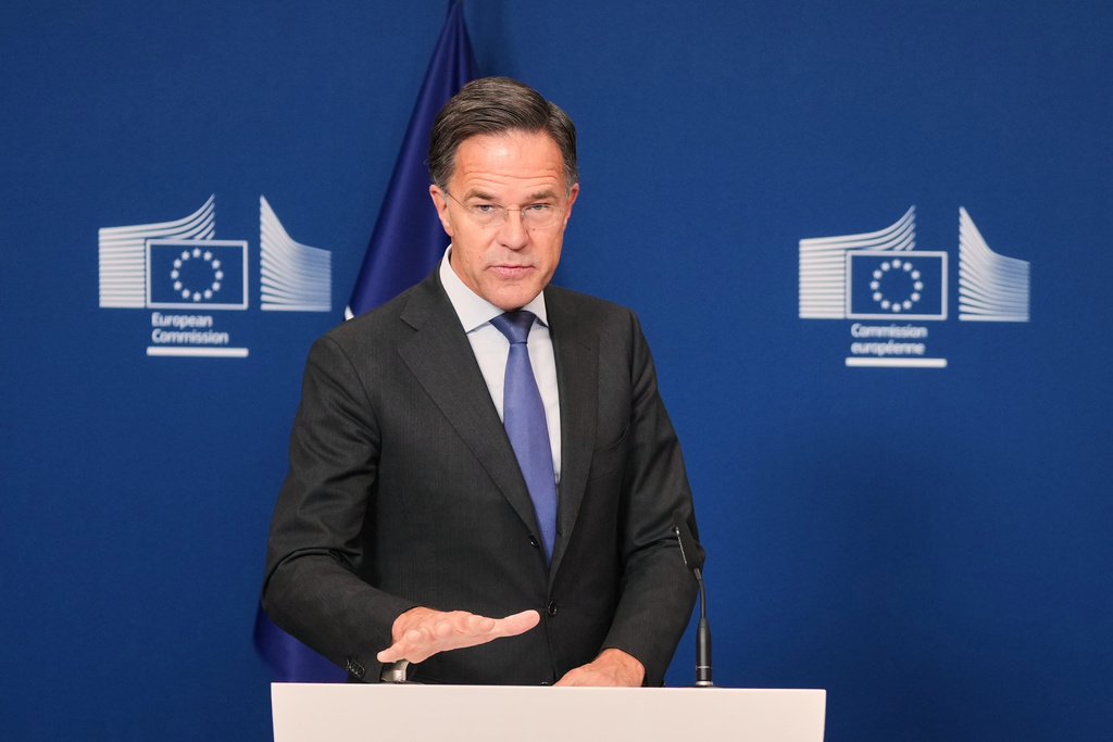 NATO Secretary General Mark Rutte delivers a statement during a media conference at EU headquarters in Brussels, Tuesday, Sept. 30, 2025. (AP Photo/Virginia Mayo)