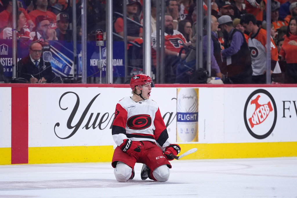 Carolina Hurricanes' Jackson Blake reacts after scoring the game-winning goal in overtime during Game 4 in a second-round NHL hockey Stanley Cup playoff series against the Philadelphia Flyers, Saturday, May 9, 2026, in Philadelphia. (AP Photo/Matt Slocum)