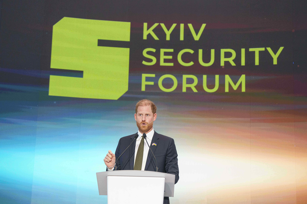 Britain's Prince Harry speaks during the Security Forum in Kyiv, Ukraine, on Thursday, April 23, 2026. (AP Photo/Evgeniy Maloletka)
