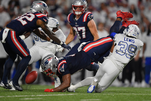 New England Patriots running back Antonio Gibson (4) fumble a kickoff return as he is hit by Buffalo Bills cornerback Cam Lewis (39) during the first half of an NFL football game, Sunday, Sept. 5, 2025, in Orchard Park, N.Y. (AP Photo/Adrian Kraus) New England Patriots running back Antonio Gibson (4) fumble a kickoff return as he is hit by Buffalo Bills cornerback Cam Lewis (39) during the first half of an NFL football game, Sunday, Sept. 5, 2025, in Orchard Park, N.Y. (AP Photo/Adrian Kraus)