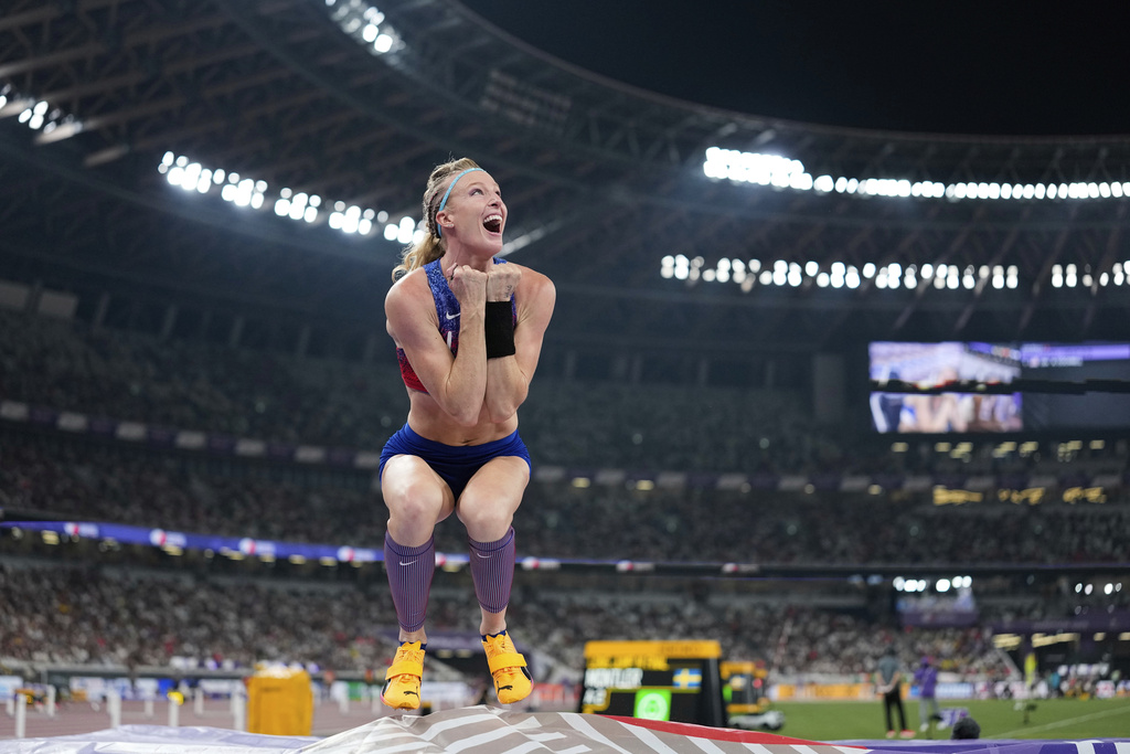 United States' Sandi Morris reacts after an attempt in the women's pole vault final at the World Athletics Championships in Tokyo, Wednesday, Sept. 17, 2025. (AP Photo/Matthias Schrader)