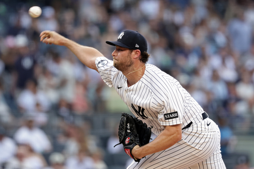 New York Yankees pitcher Gerrit Cole delivers during the first inning of a baseball game against the Minnesota Twins, Friday, July 3, 2026, in New York. (AP Photo/Adam Hunger)
