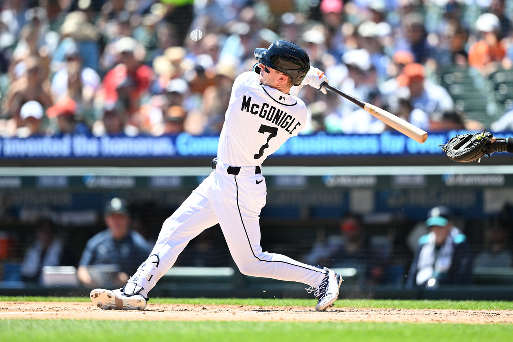 Detroit Tigers' Kevin McGonigle hits a solo home run against the Seattle Mariners in the fourth inning of a baseball game, Sunday, June 7, 2026, in Detroit. (AP Photo/Lon Horwedel)