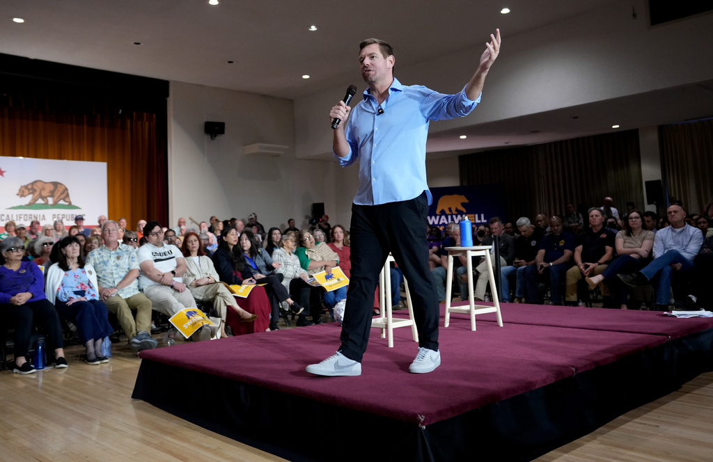 California gubernatorial candidate Rep. Eric Swalwell, D-Calif., speaks at a town hall meeting in Sacramento, Calif., Tuesday, April 7, 2026. (AP Photo/Rich Pedroncelli)