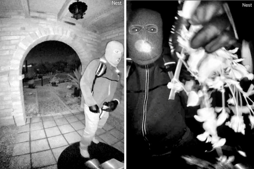 This combo from images provided by the FBI shows surveillance footage at the home of Nancy Guthrie the night she went missing in Tucson, Ariz. (FBI via AP)