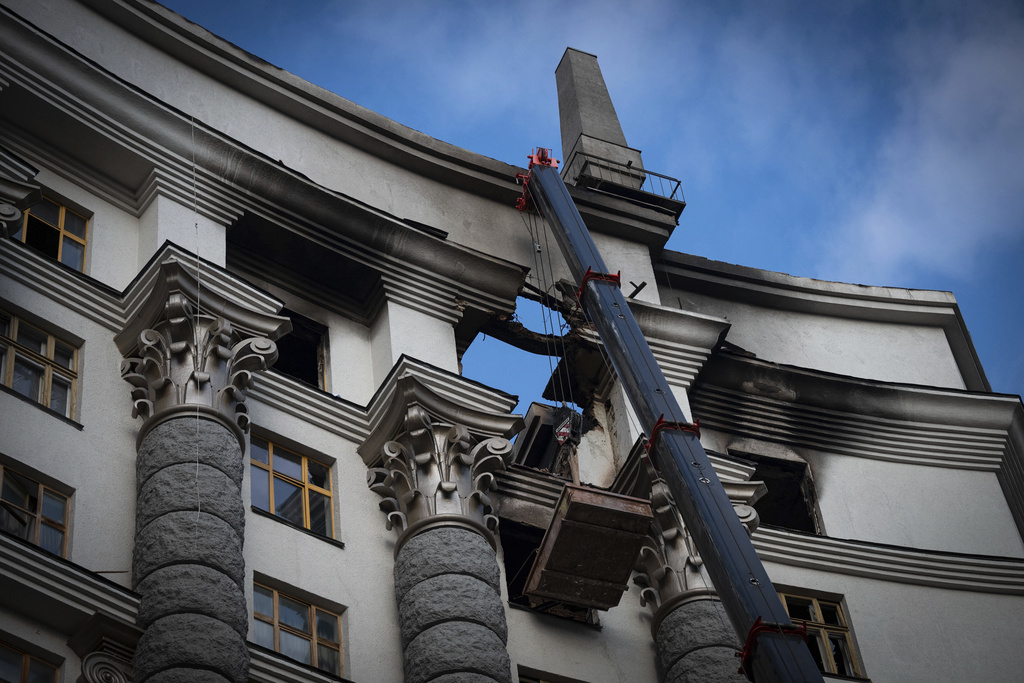 In this photo provided by the Press Service Of Prime minister Of Ukraine on Sept. 8, 2025, the Cabinet of Ministers building is seen damaged after a Russian attack in Kyiv, Ukraine. (Press Service Of Prime minister Of Ukraine via AP)