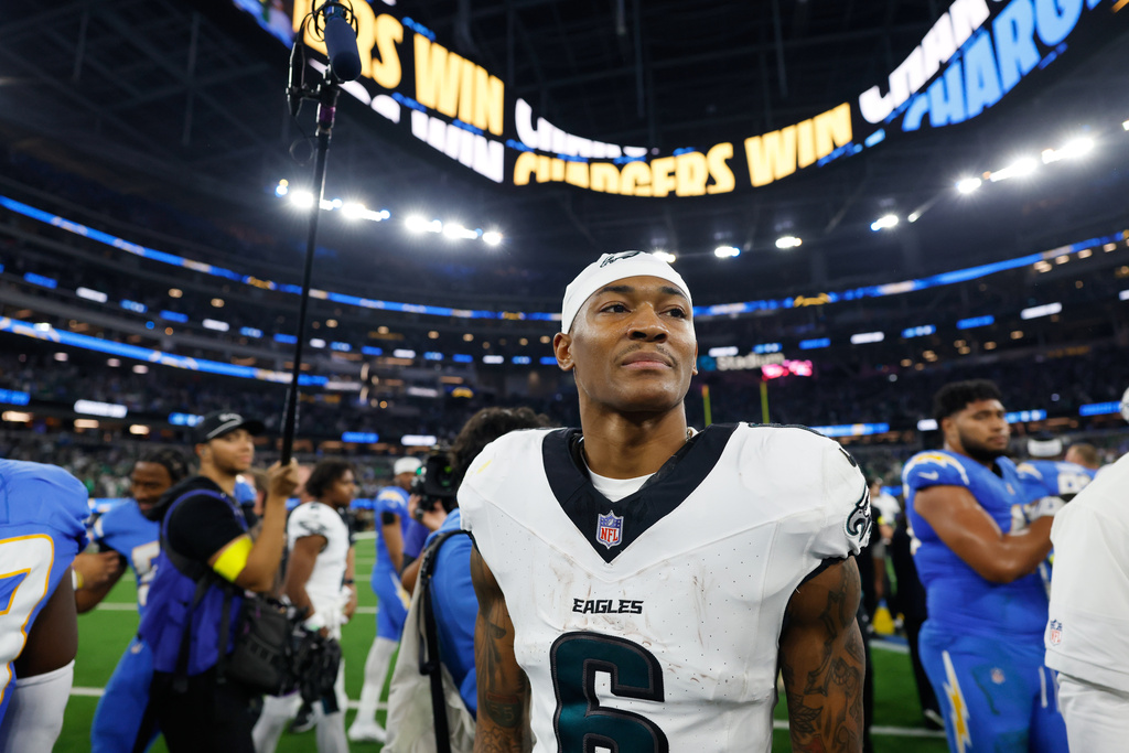 Philadelphia Eagles wide receiver Devonta Smith (6) walks off the field after a loss to the Los Angeles Chargers in an NFL football game Monday, Dec. 8, 2025, in Inglewood, Calif. (AP Photo/Caroline Brehman)