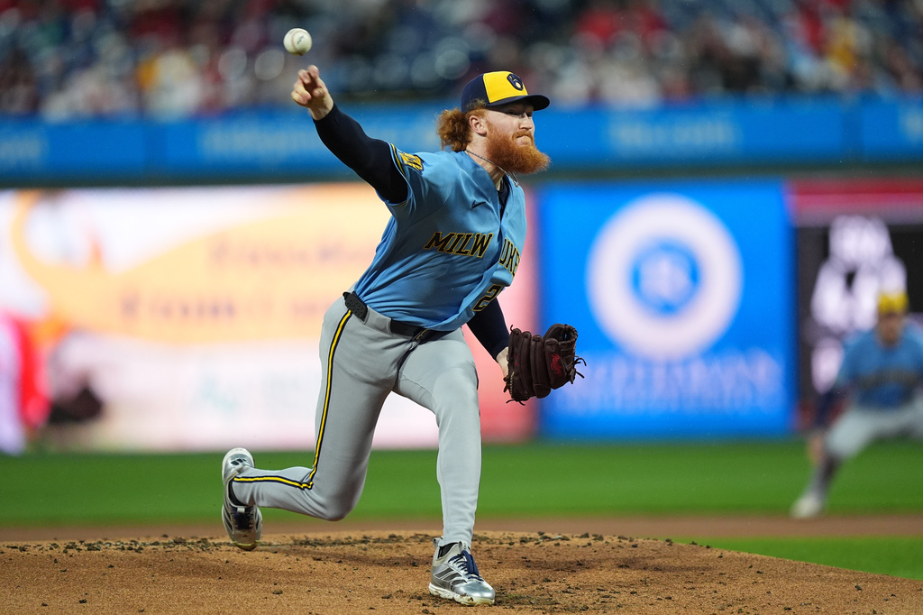Milwaukee Brewers' Dustin May pitches during the first inning of a baseball game against the Philadelphia Phillies, Tuesday, Sept. 22, 2026, in Philadelphia. (AP Photo/Matt Rourke)