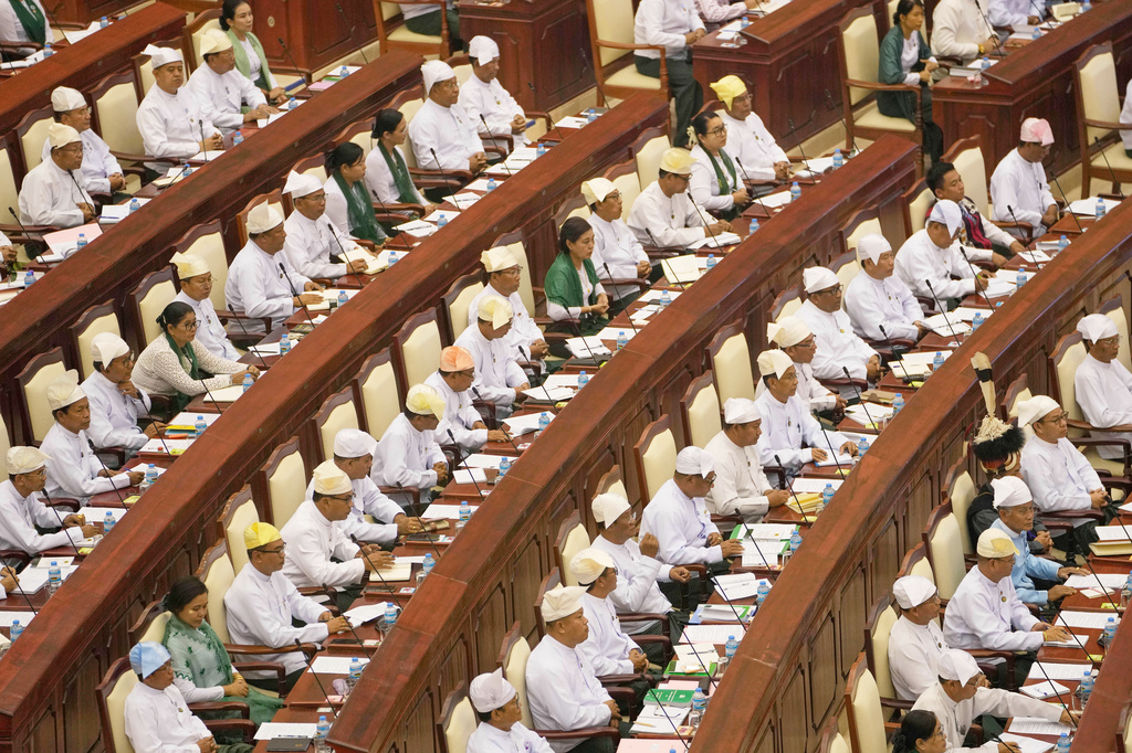 Myanmar lawmakers attend a session at Lower House of Parliament in Naypyitaw, Myanmar, Monday, March 30, 2026. (AP Photo/Aung Shine Oo)
