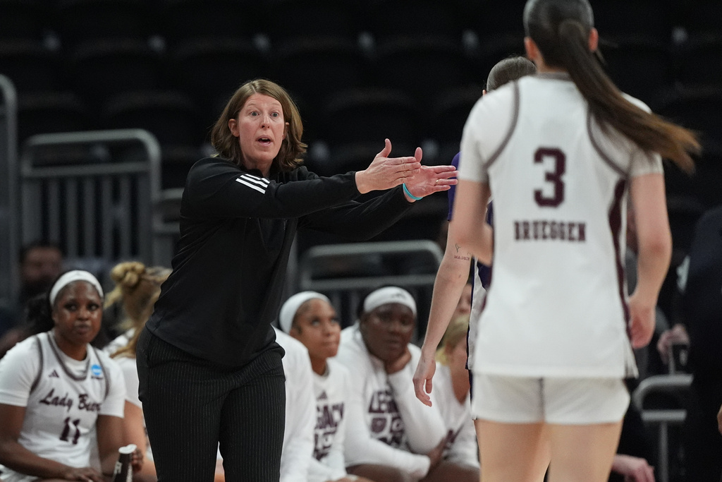 Missouri State head coach Beth Cunningham directs her players during the second half in a First Four college basketball game against Stephen F. Austin in the NCAA Tournament, Wednesday, March 18, 20206, in Austin, Texas. (AP Photo/Eric Gay)
