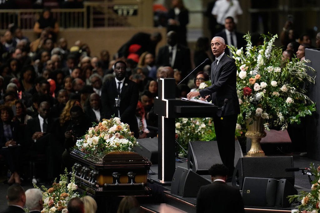 Former President Barack Obama speaks during the Public Homegoing Service for the Rev. Jesse Jackson at the House of Hope in Chicago, Friday, March 6, 2026. (AP Photo/Erin Hooley)