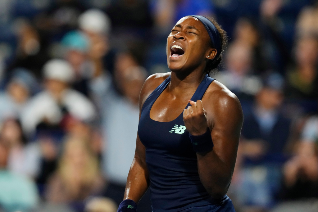 Coco Gauff of the United States reacts while playing against Elena Rybakina of Kazakhstan during National Bank Open semi final tennis action in Toronto, Wednesday, Aug. 12, 2026. (Chris Young/The Canadian Press via AP)