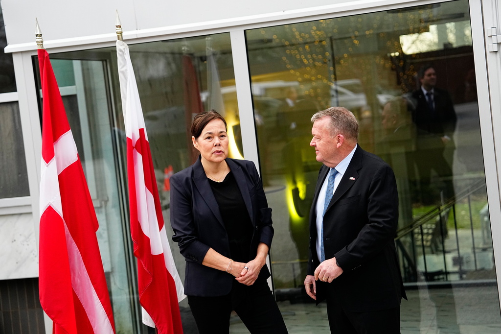 Denmark's Foreign Minister, Lars Loekke Rasmussen, right, and Greenland's Minister for Foreign Affairs Vivian Motzfeldt, left, prepare at the danish embassy for the meeting with the American Vice President, J.D. Vance, and Foreign Minister Marco Rubio in Washington D.C., Wednesday, Jan. 14, 2026. (Mads Claus Rasmussen/Ritzau Scanpix via AP)