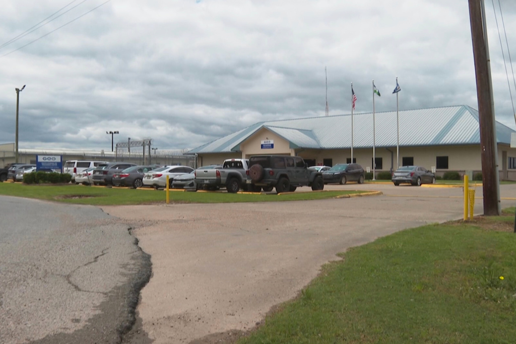 This image taken from video shows the South Louisiana ICE Processing Center in Basile, La., April 7, 2025. (AP Photo/Stephen Smith)