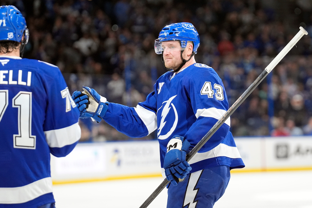 Tampa Bay Lightning defenseman Darren Raddysh (43) celebrates his goal against the Utah Mammoth with center Anthony Cirelli (71) during the second period of an NHL hockey game Monday, Jan. 26, 2026, in Tampa, Fla. (AP Photo/Chris O'Meara)