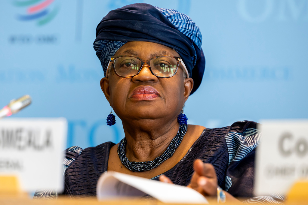 Nigeria's Ngozi Okonjo-Iweala, Director General of the World Trade Organisation (WTO), speaks to the media about the report "Global Trade Outlook and Statistics – October 2025 update", during a press conference at the headquarters of the World Trade Organization (WTO) in Geneva, Switzerland, Tuesday, Oct. 7, 2025. (Salvatore Di Nolfi/Keystone via AP)