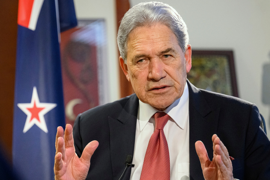 FILE - New Zealand Foreign Minister Winston Peters comments during an interview with The Associated Press in his parliamentary office in the capital, Wellington, Aug. 22, 2024. (AP Photo/Mark Tantrum, File)