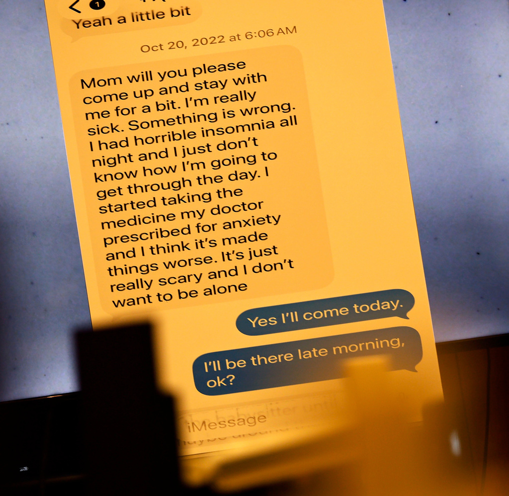 A copy of a text Lindsay Clancy sent to her mother is displayed during Clancy's murder trial in Plymouth Superior Court, Plymouth, Mass., Monday, Aug. 17, 2026. (Greg Derr/The Patriot Ledger via AP, Pool)