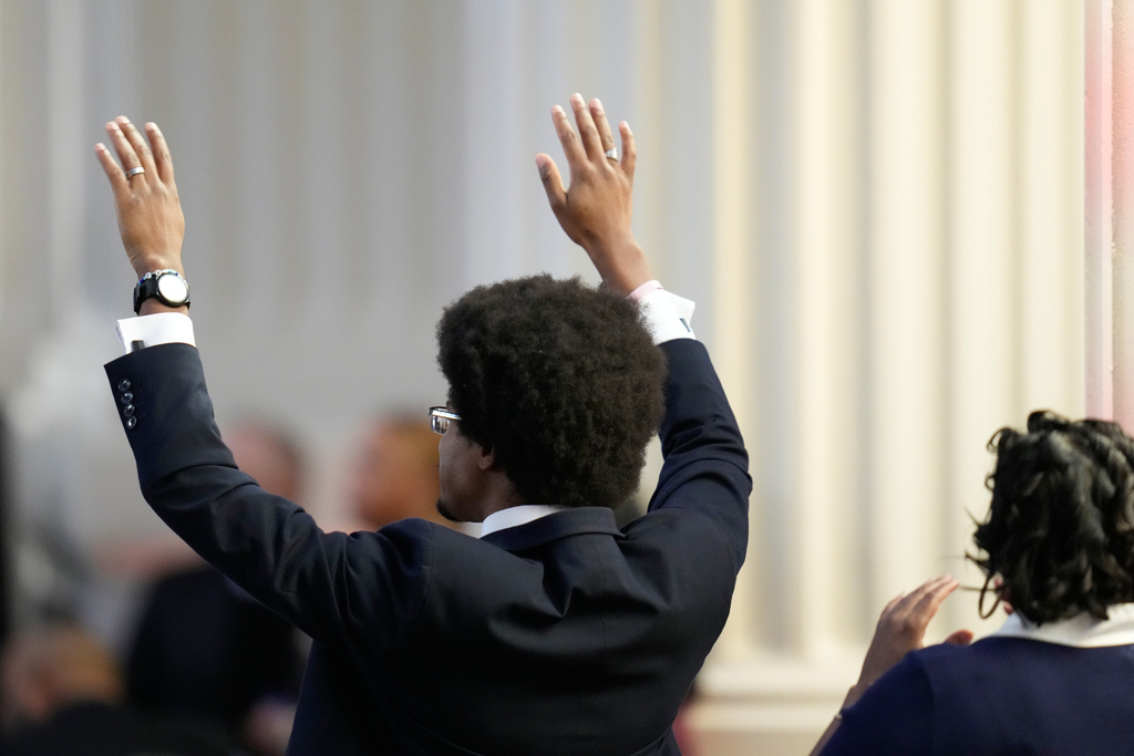 Tennessee state lawmaker Rep. Justin Pearson celebrates during the Homegoing Celebration of Life for the Rev. Jesse Jackson, Saturday, March 7, 2026, at Rainbow PUSH Coalition headquarters in Chicago. (AP Photo/Erin Hooley)