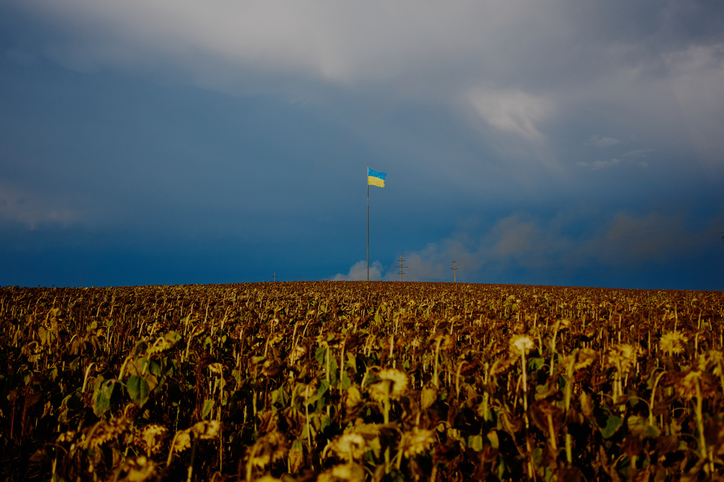 A Ukrainian flag waves in a sunflowers field as smoke raises from a Coca Cola factory, background, after a Russian drone attack in Brovary, outskirts of Kyiv, Ukraine, Thursday, Sept. 3, 2026. (AP Photo/Francisco Seco)